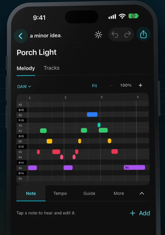 Porch Light in the piano roll: coloured notes show the detected pitches and lengths, with controls for editing a note.