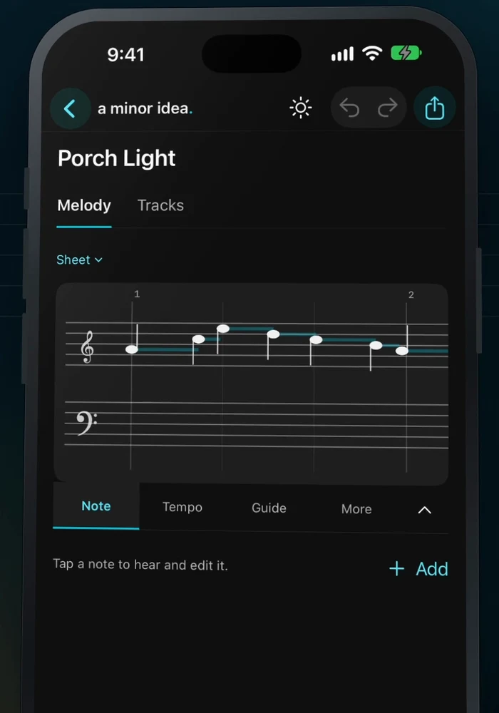The same Porch Light melody displayed on musical staves in the app’s sheet music view.